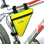 Yellow and green triangle bike frame bag with black zipper and B-SOUL logo, attached to a silver bicycle frame.