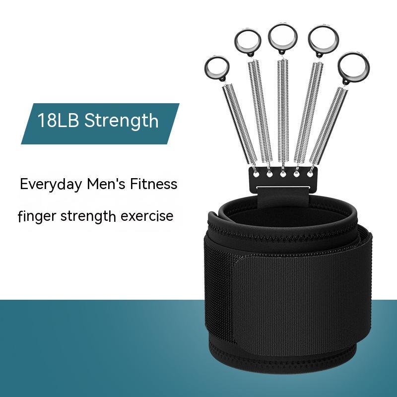 Black wrist-strengthening device with five metal springs and finger loops, labeled "18LB Strength."