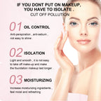 EELHOE makeup base ad with a woman’s face, highlighting oil control, isolation, and moisturizing benefits in pink text.
