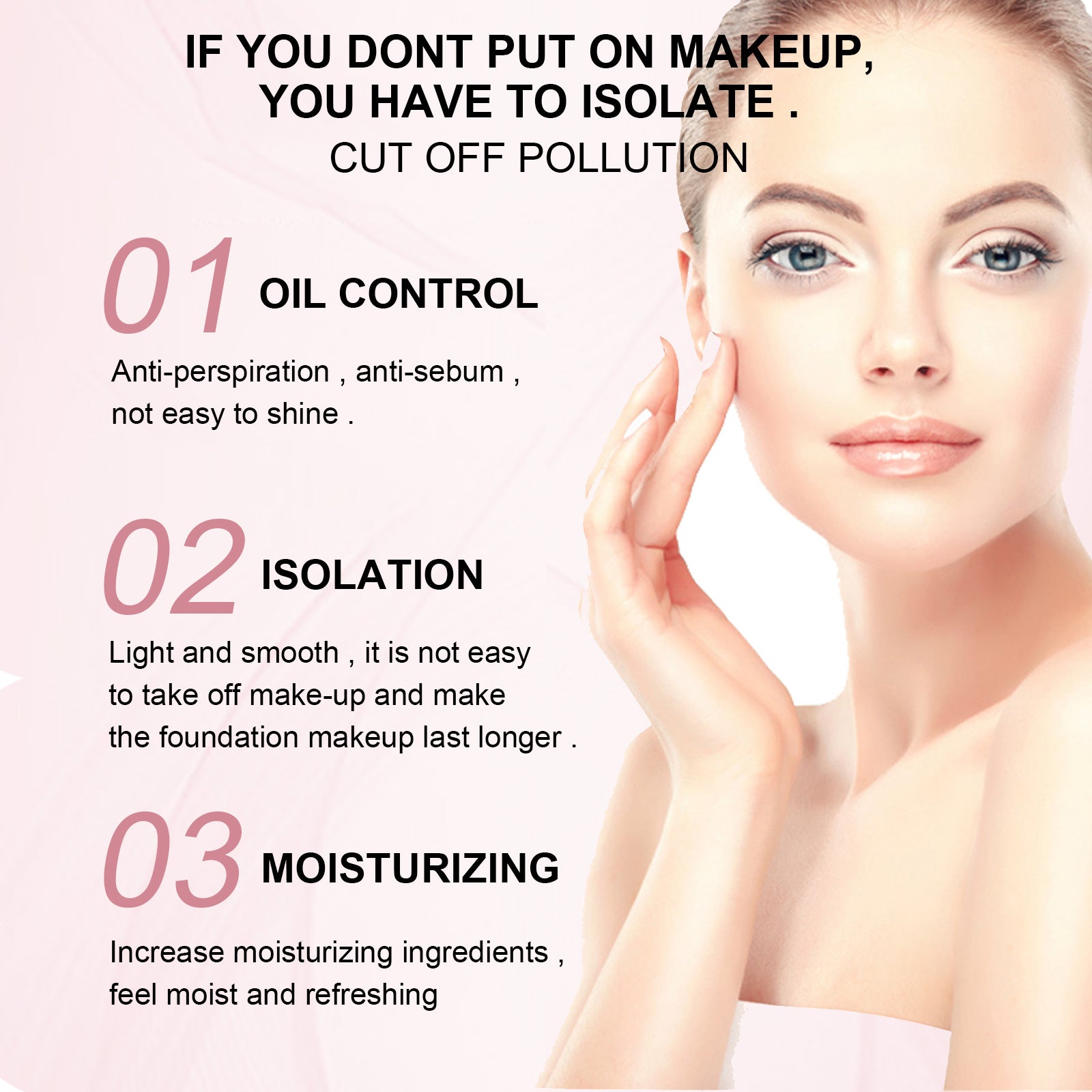 EELHOE makeup base ad with a woman’s face, highlighting oil control, isolation, and moisturizing benefits in pink text.