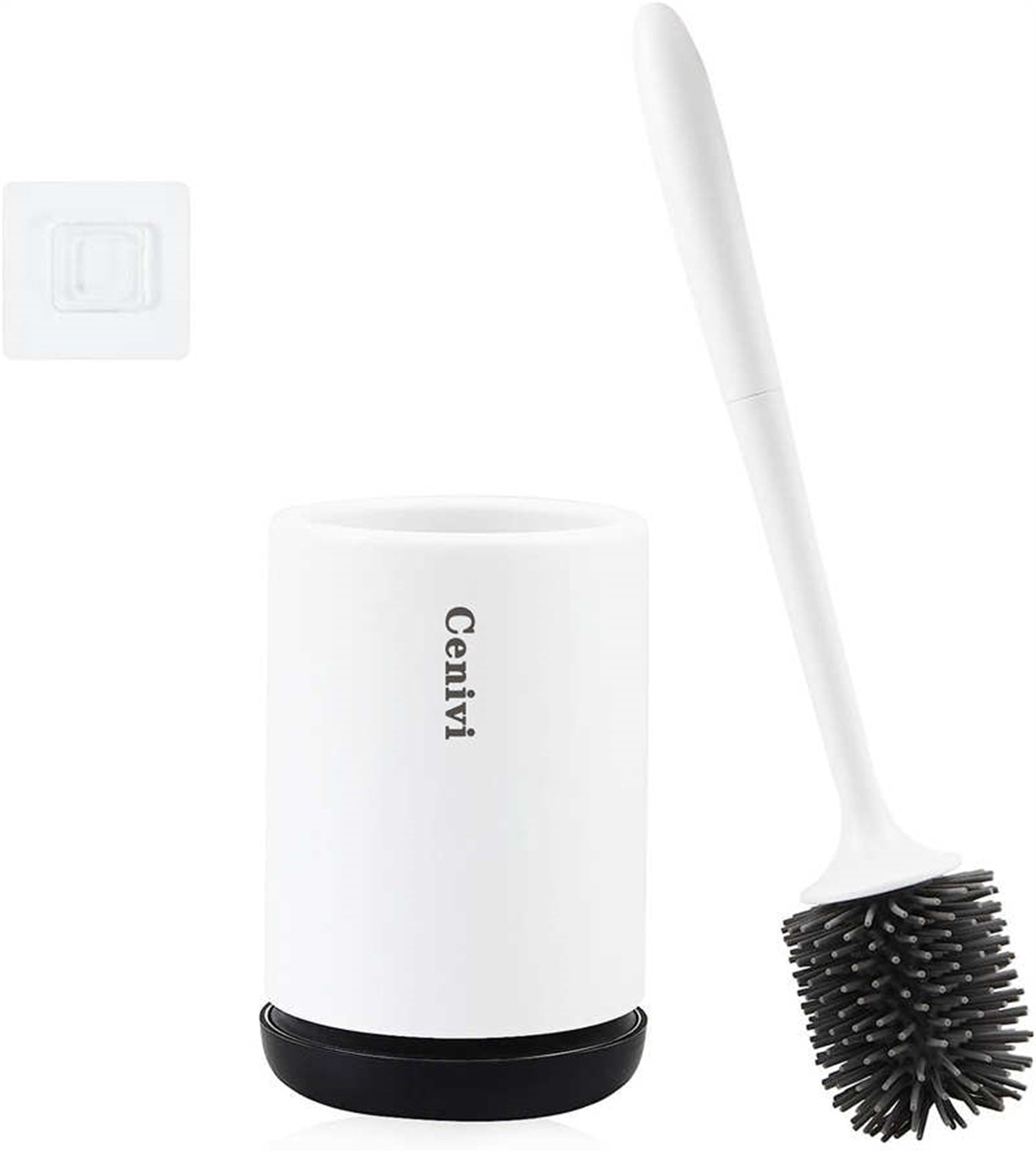 White toilet brush set with grey silicone head, white holder, black base, and wall-mount adhesive hook.