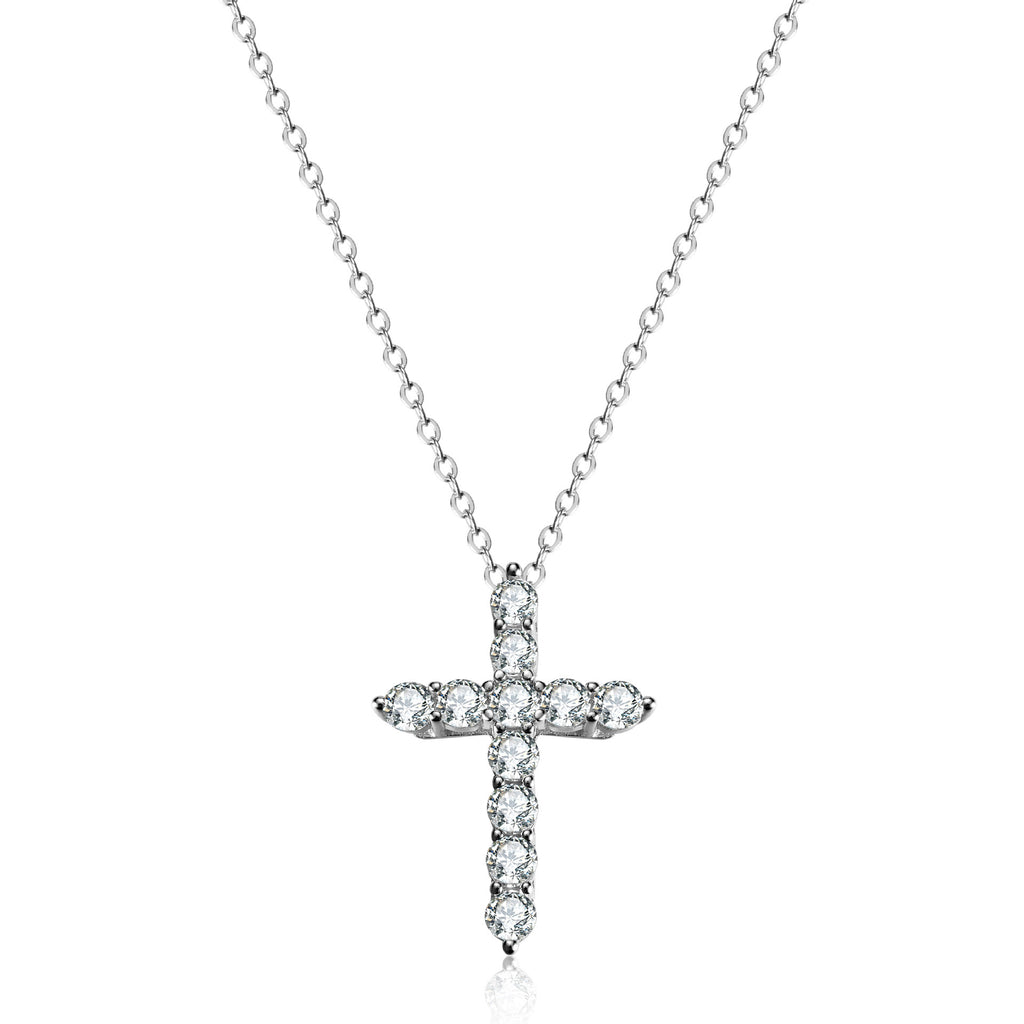 Silver chain necklace with a cross pendant featuring clear, round-cut rhinestones in a polished silver-tone setting.