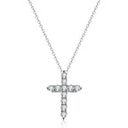 Silver chain necklace with a cross pendant featuring clear, round-cut rhinestones in a polished silver-tone setting.