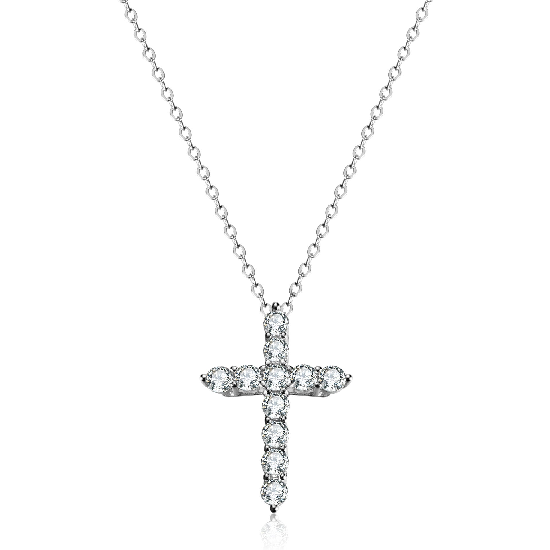 Silver chain necklace with a cross pendant featuring clear, round-cut rhinestones in a polished silver-tone setting.