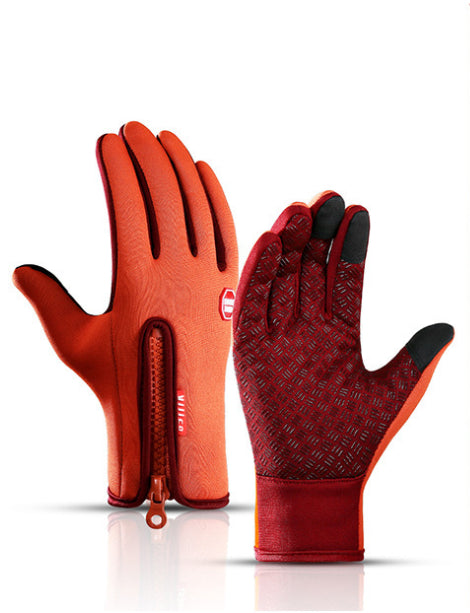 Orange waterproof winter gloves with a zippered wrist, fleece lining, and textured anti-slip grip palms.