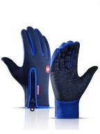 Blue and black waterproof winter motorcycle gloves with fleece lining, featuring a zipper cuff and touchscreen fingers.