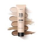 Laikou 30ml BB cream tube in a beige squeeze bottle, displayed over five diverse skin-tone cream swatches.