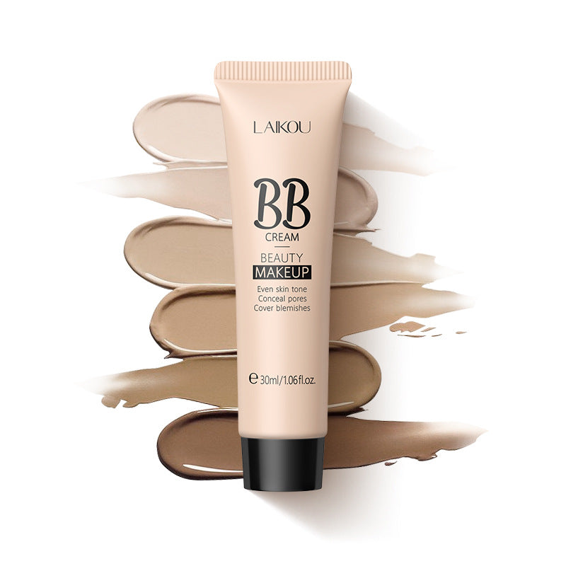 Laikou 30ml BB cream tube in a beige squeeze bottle, displayed over five diverse skin-tone cream swatches.