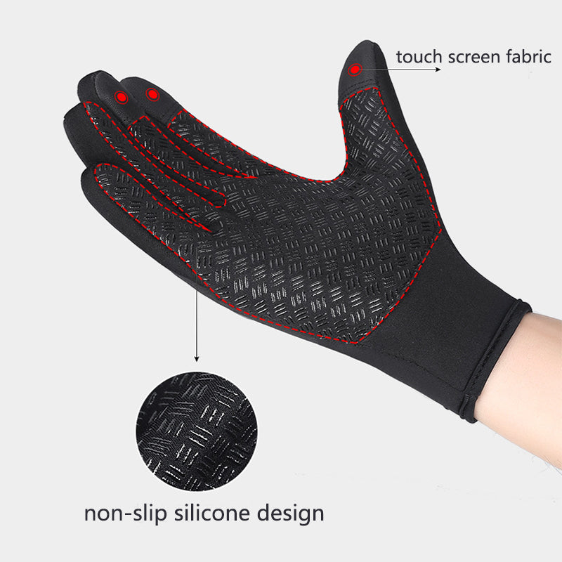 Black winter glove with non-slip silicone pattern, touch-screen fingertips, and a zoomed-in texture detail view.
