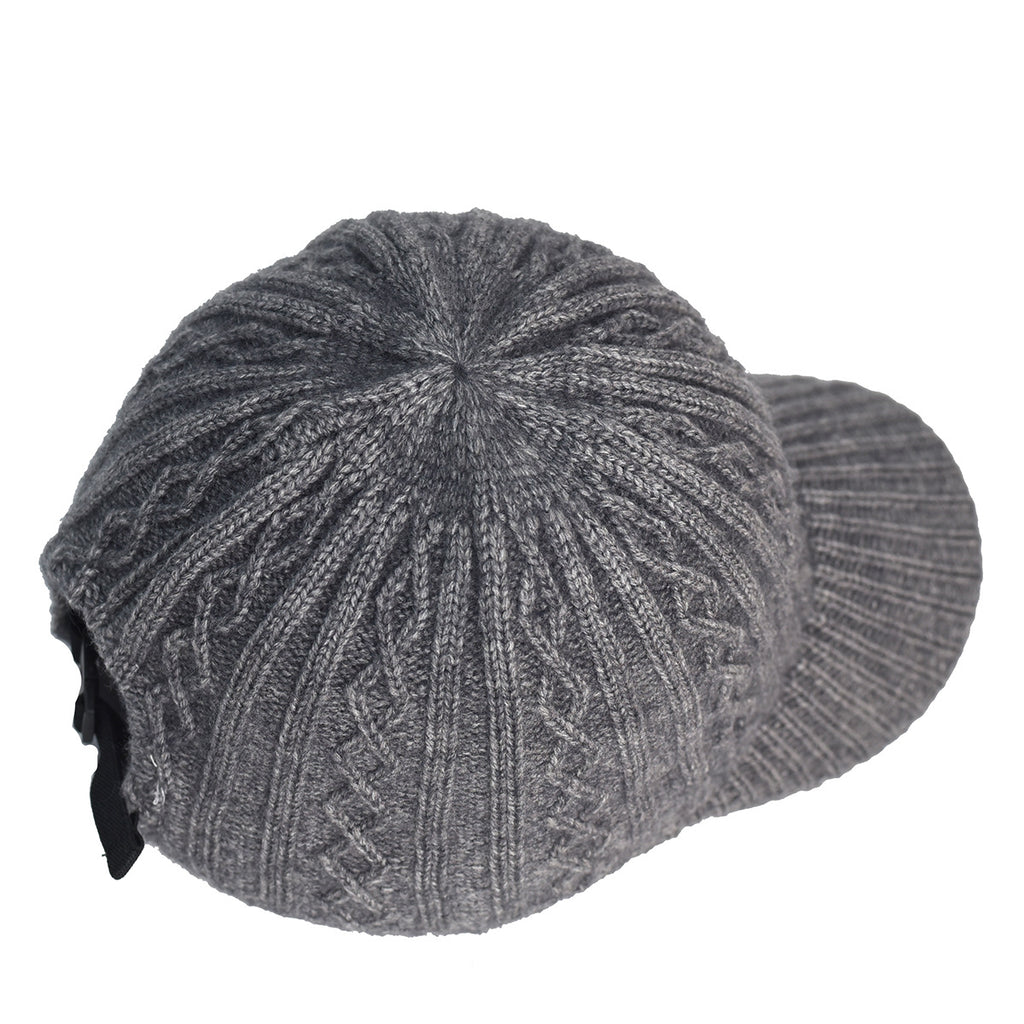 Grey cable-knit baseball cap with a textured wool design and an adjustable black strap closure.