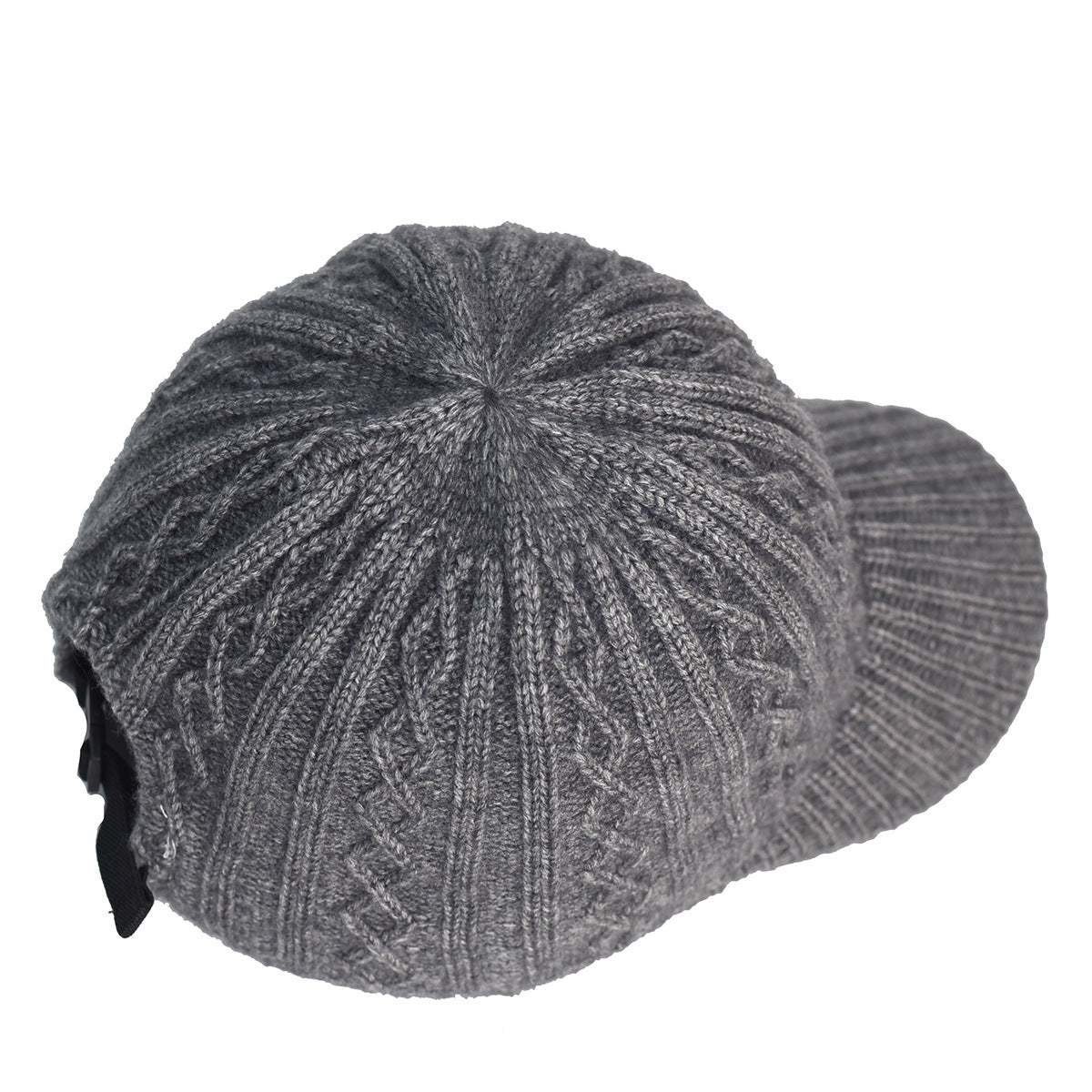 Grey cable-knit baseball cap with a textured wool design and an adjustable black strap closure.