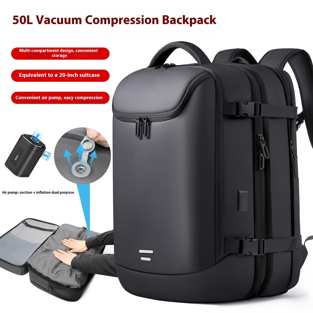 Black 50L vacuum compression travel backpack featuring a hard-shell design, multiple compartments, and air pump tool.