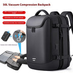 Black 50L vacuum compression travel backpack featuring a hard-shell design, multiple compartments, and air pump tool.