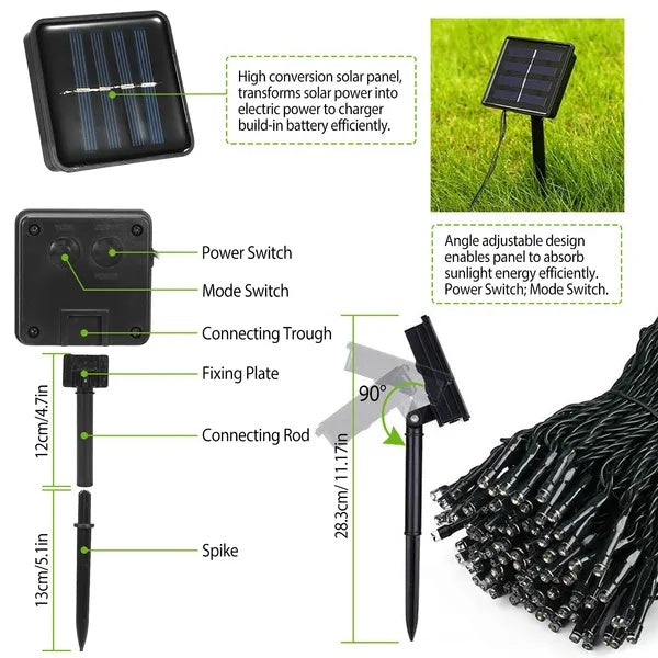 Digitaldistribution375 solar fairy light components: adjustable black solar panel, ground stake, and LED string wire.