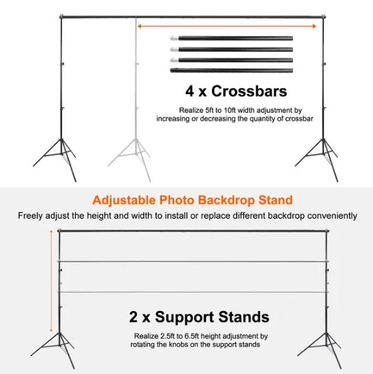 Black adjustable metal photography backdrop stand set with two support stands and four crossbars for height and width.