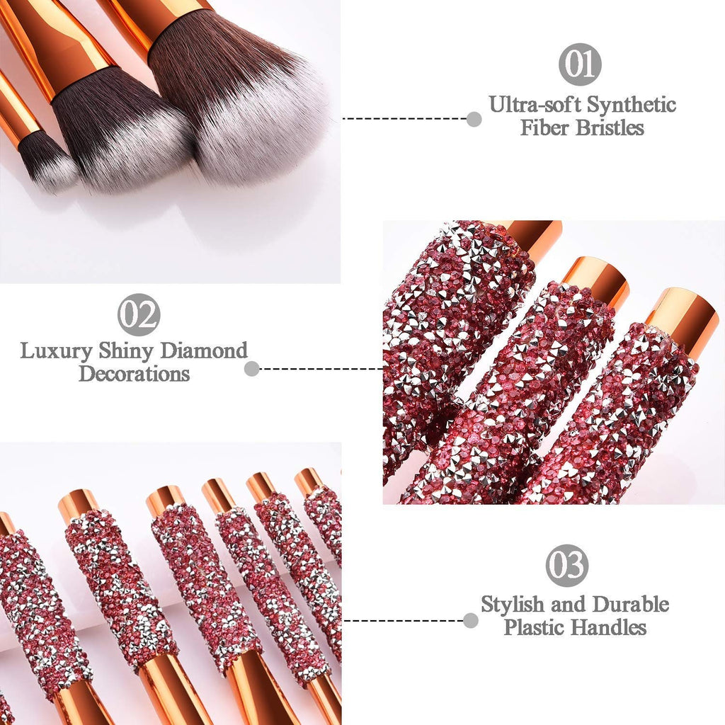 Digitaldistribution375: Makeup brush set with rose gold metal, ultra-soft white bristles, and pink diamond-inlaid handles.
