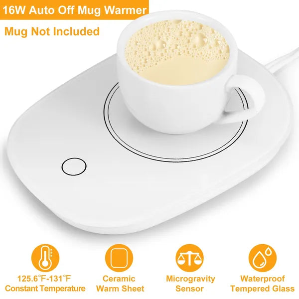 White electric mug warmer with a glass surface, circular heating area, and touch button. Cup not included.