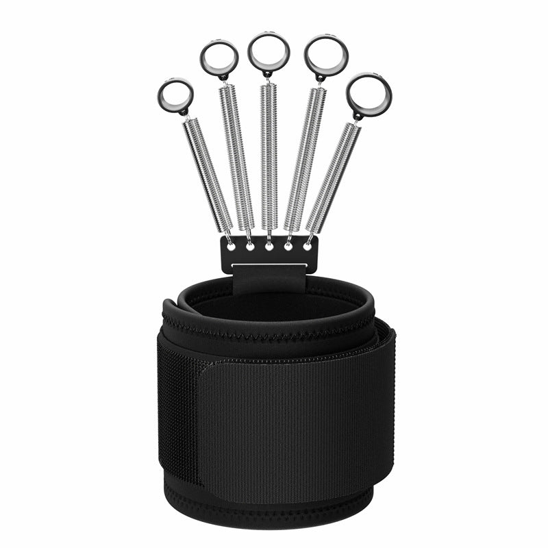 Black wrist-mounted finger trainer with five metal springs and rings for tension exercise.
