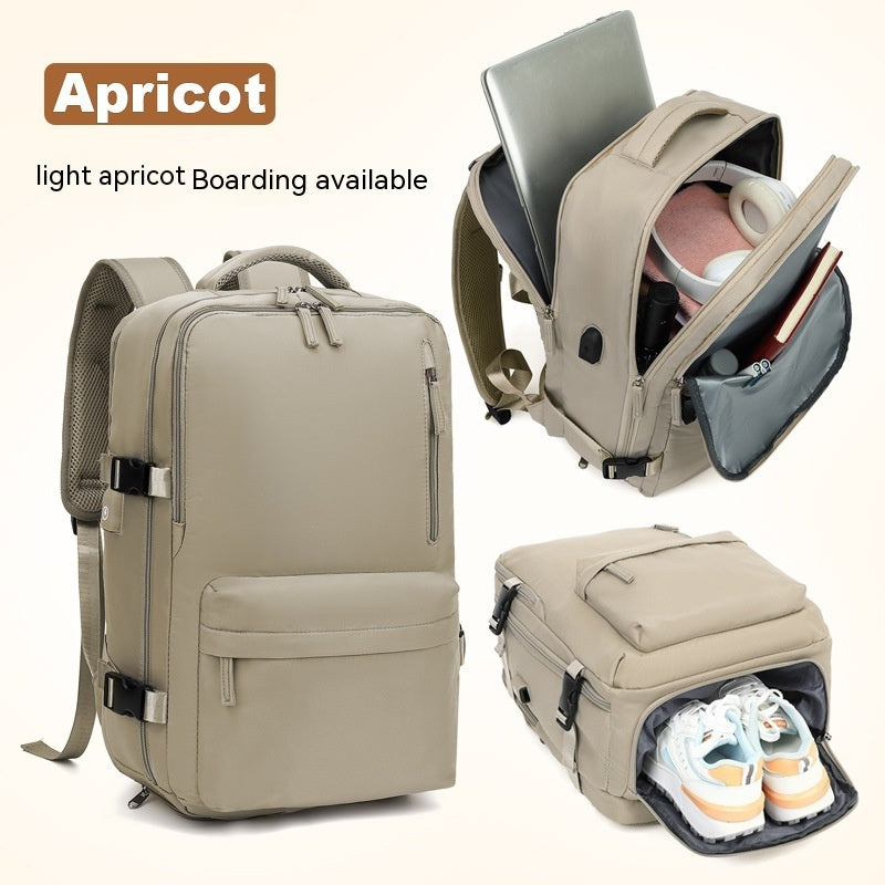 Light apricot waterproof travel backpack with laptop compartment, side access, and shoe storage pocket.
