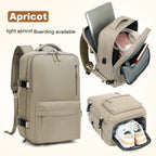 Light apricot waterproof travel backpack with laptop compartment, side access, and shoe storage pocket.