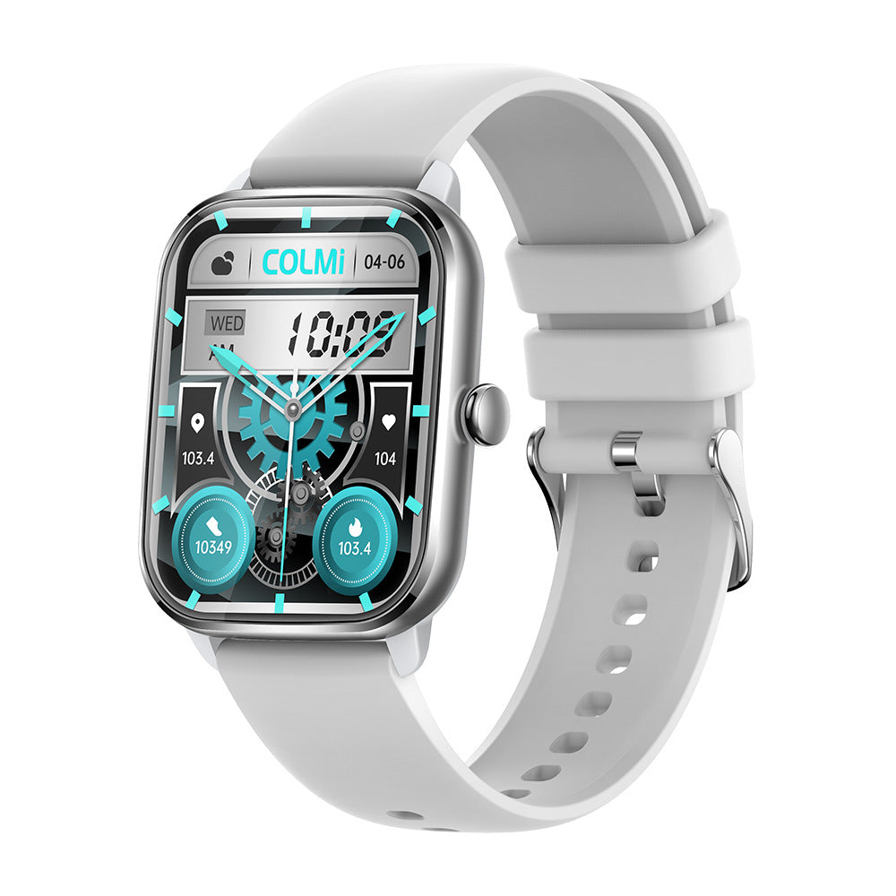 White smartwatch with a silver square case, silicone strap, and digital display showing health data and gears.