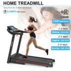 A black folding home treadmill with an LCD display and red accents, shown with a person running on it.