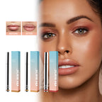 OUHOE peel-off lip liner tubes and boxes with before-and-after results, shown on a model with natural, glossy lips.