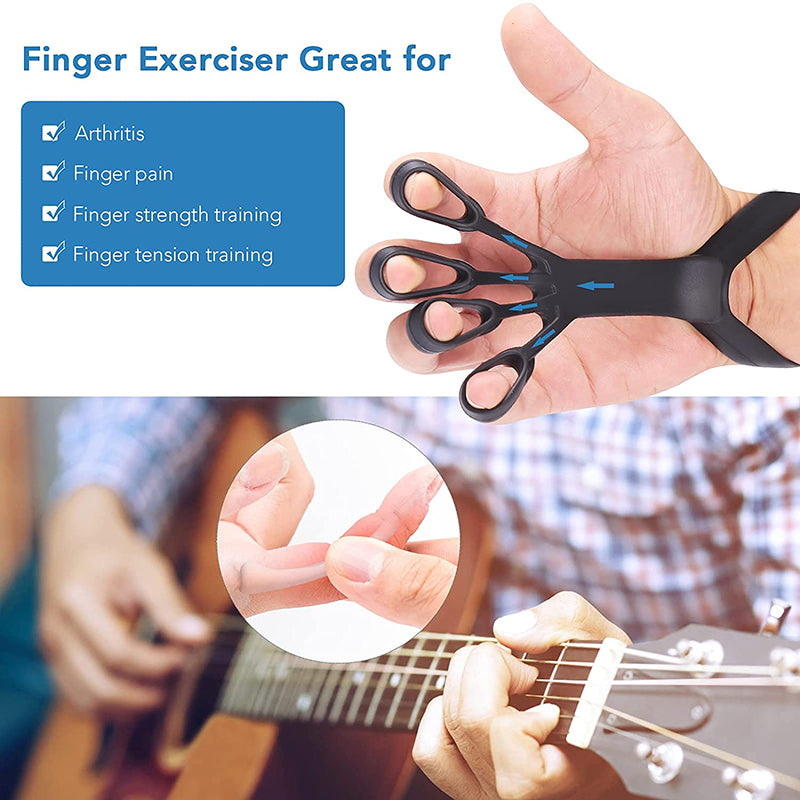 Black silicone finger stretcher on a hand, with text listing therapeutic benefits for arthritis and strength training.