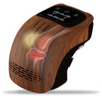 Wood-grain electric knee massager with digital touch display, infrared heat illustration, and black strap lining.