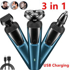 3-in-1 blue electric shaver with interchangeable heads for beard, nose, and ear trimming, plus a USB charging cable.