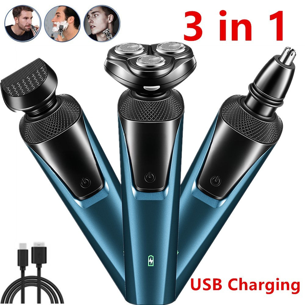 3-in-1 blue electric shaver with interchangeable heads for beard, nose, and ear trimming, plus a USB charging cable.