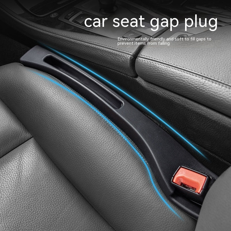 Black leather car seat gap filler, a slim pocket organizer that prevents items from slipping between the seat and console.