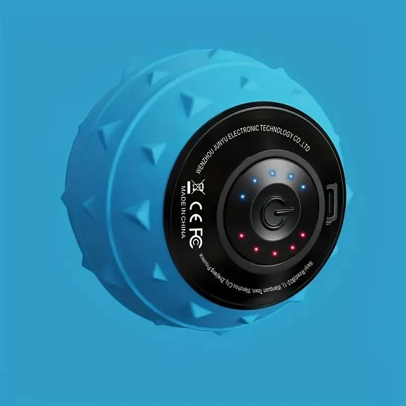 Bright blue textured massage ball with a black circular control panel, power button, and LED indicator lights.
