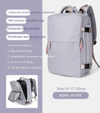 Agate purple waterproof backpack with laptop sleeve, USB port, shoe compartment, and wet/dry storage.