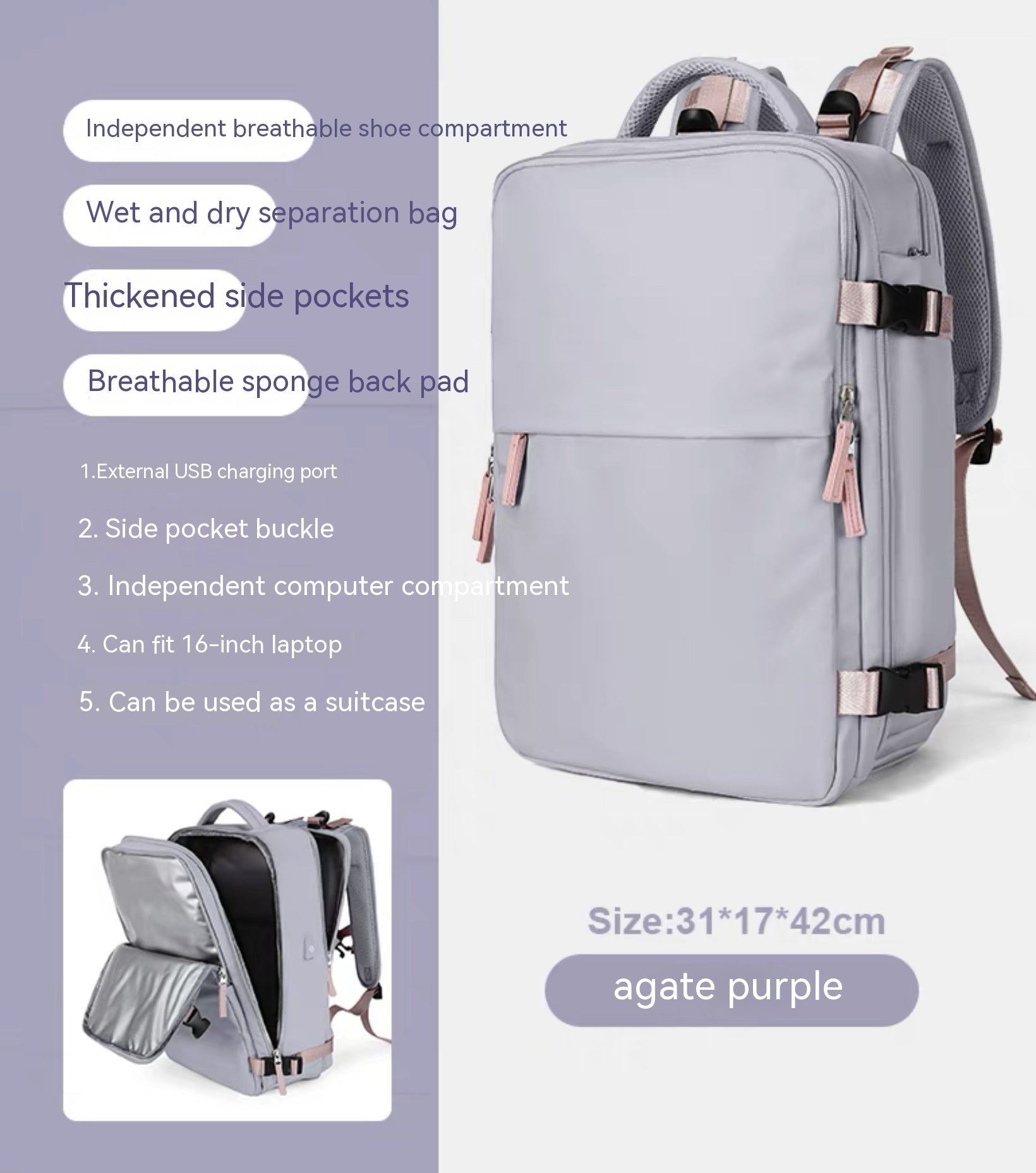 Agate purple waterproof backpack with laptop sleeve, USB port, shoe compartment, and wet/dry storage.
