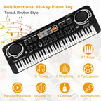 Black 61-key electronic keyboard with built-in speakers, digital display, and various rhythm and tone control buttons.