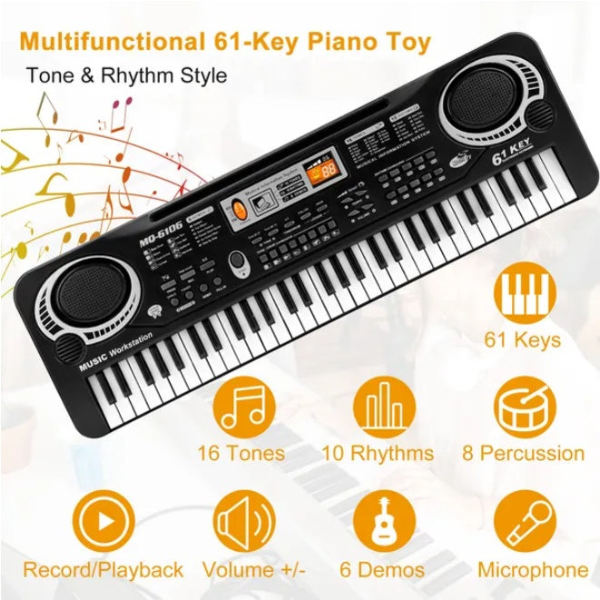 Black 61-key electronic keyboard with built-in speakers, digital display, and various rhythm and tone control buttons.