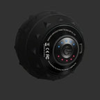 Black textured silicone massage ball with a center power button and glowing blue and red LED indicator lights.