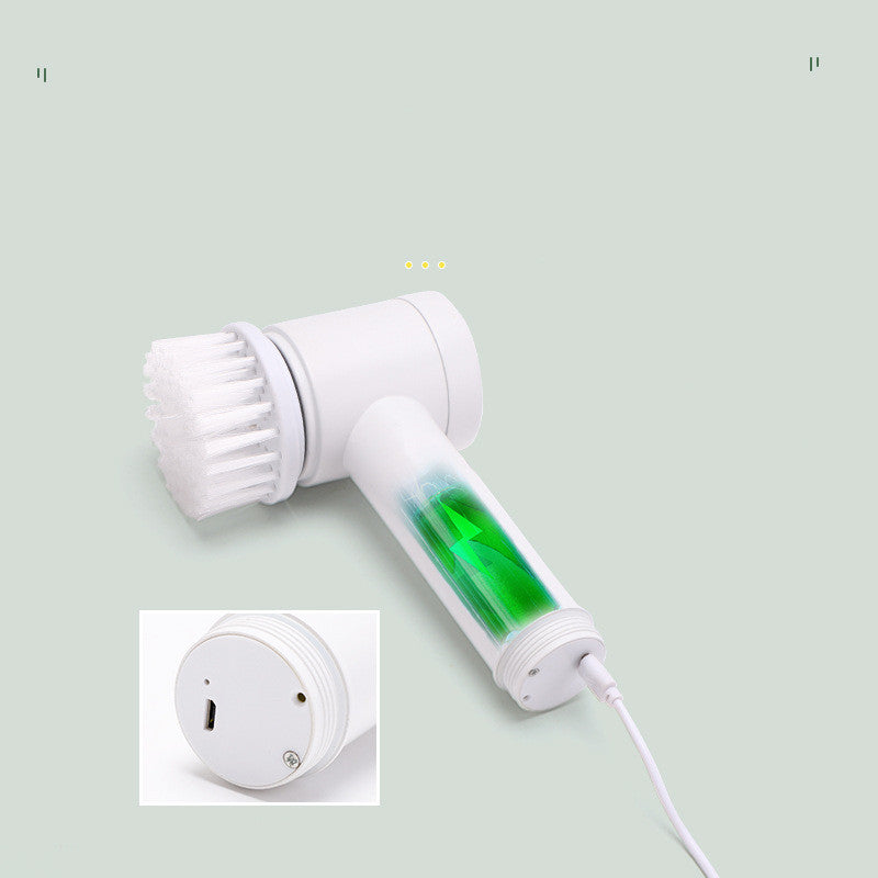 White rechargeable electric cleaning brush with white bristles and a green battery charging indicator light.