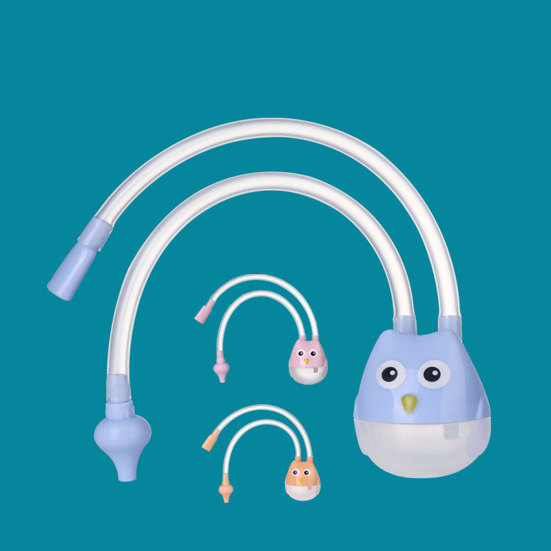 Blue, pink, and orange owl-shaped baby nasal aspirators with flexible tubing and clear collection cups on teal background.