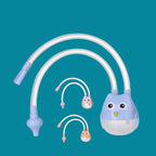 Blue, pink, and orange owl-shaped baby nasal aspirators with flexible tubing and clear collection cups on teal background.