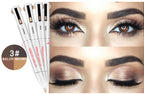 White 4-in-1 eyebrow contouring pens with brown shades and concealer, shown next to model eyes with defined makeup.