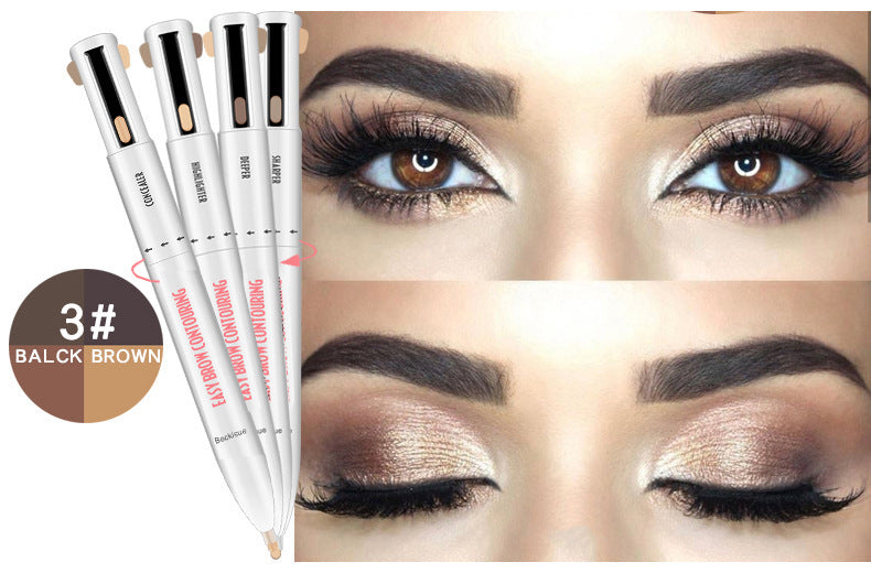 White 4-in-1 eyebrow contouring pens with brown shades and concealer, shown next to model eyes with defined makeup.