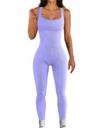 Model wearing a lavender, sleeveless, ribbed-knit exercise jumpsuit with a scoop neck and fitted silhouette.