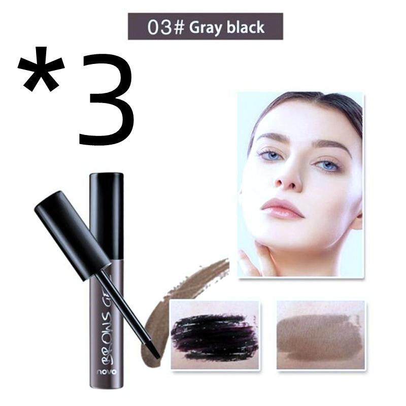 Gray-black peel-off eyebrow gel set with applicator, color swatches, and a model showing natural-looking brows.