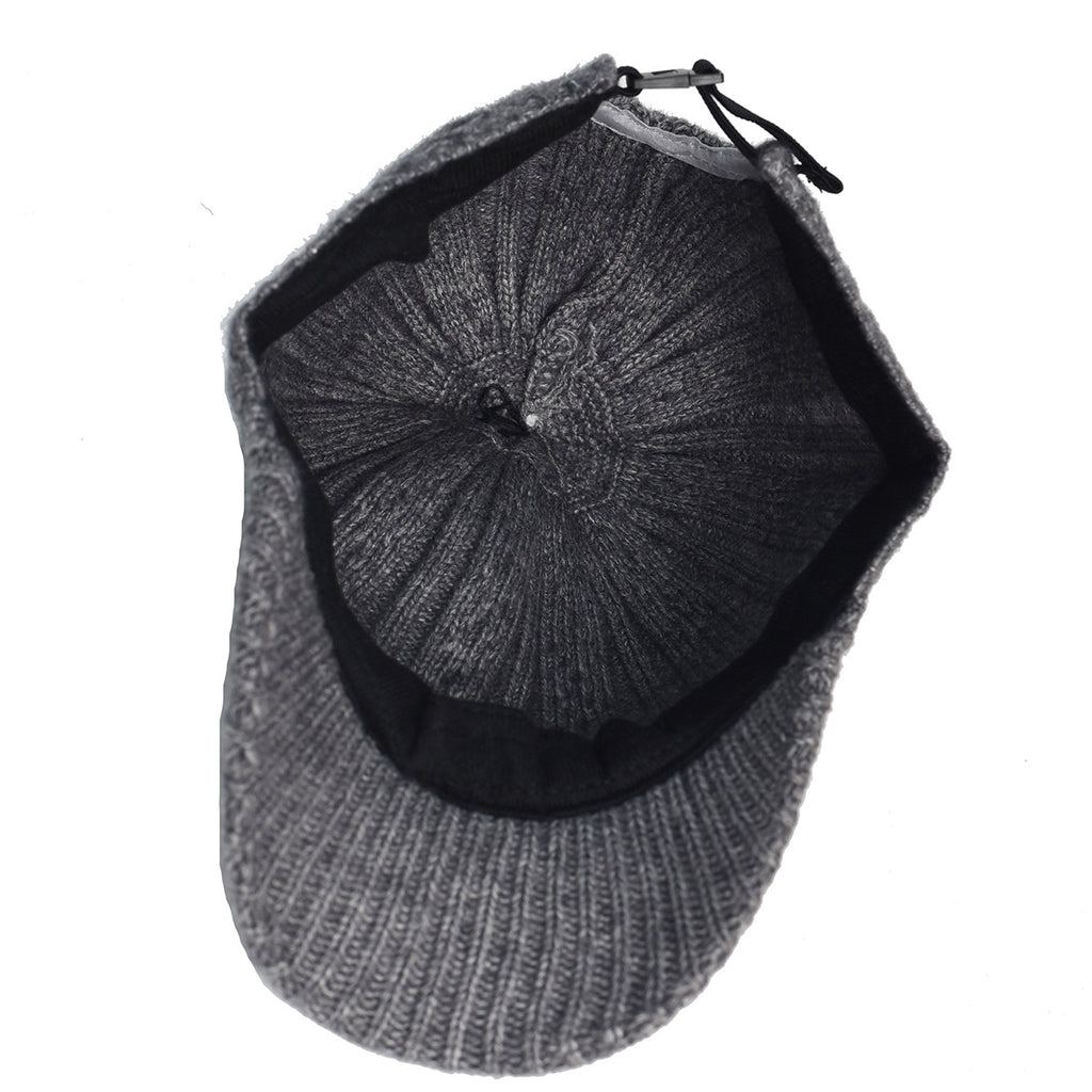 Interior view of a charcoal grey ribbed knit baseball cap with a black inner lining and an adjustable back strap.
