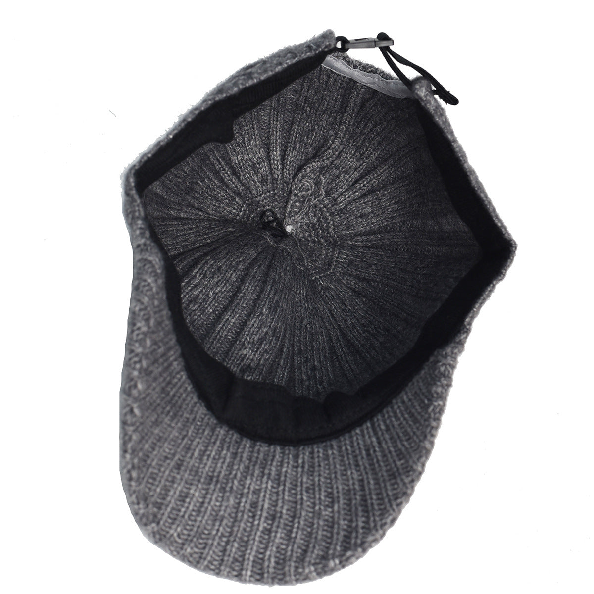 Interior view of a charcoal grey ribbed knit baseball cap with a black inner lining and an adjustable back strap.