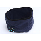 Dark blue fleece Bluetooth fitness headband with black trim and front control panel on a white background.