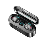 Black wireless waterproof earbuds in a charging case with a digital battery display and blue indicator lights.