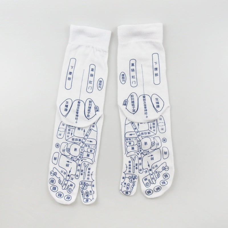 White cotton socks featuring blue acupressure reflexology maps of the feet with labels in Chinese characters.